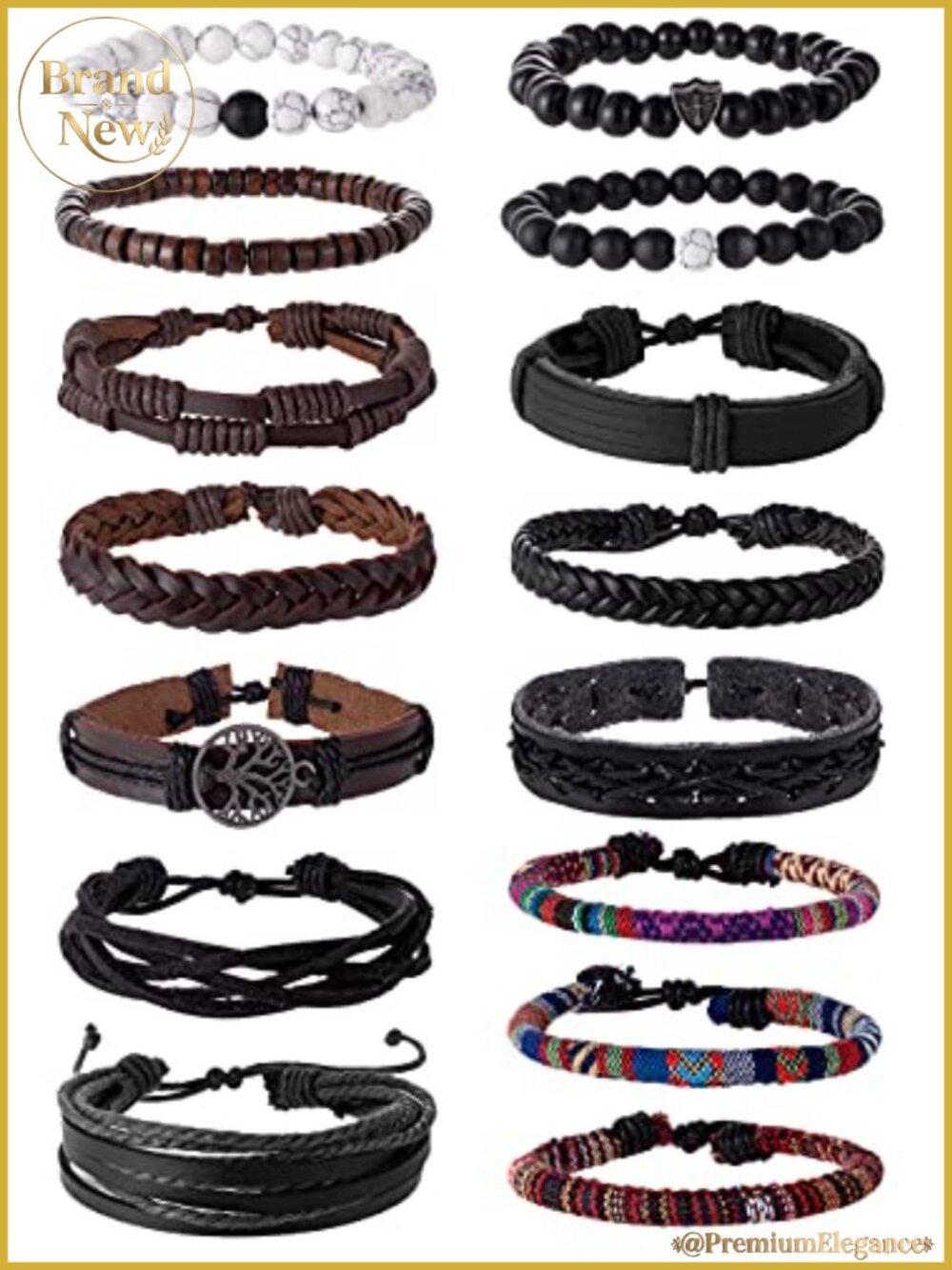 15 Pc Braided Leather Wrap Bracelets Set Boho Cuff Wood Bead Ethnic Stretch